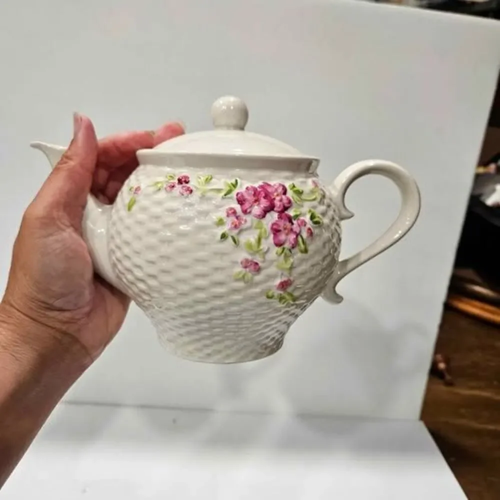 Ceramic Teapot with Floral Design and Basket Weave Texture From Teleflora